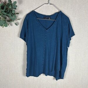 Tahari > Blue Linen Asymmetrical V Neck Short Sleeve Shirt 2X